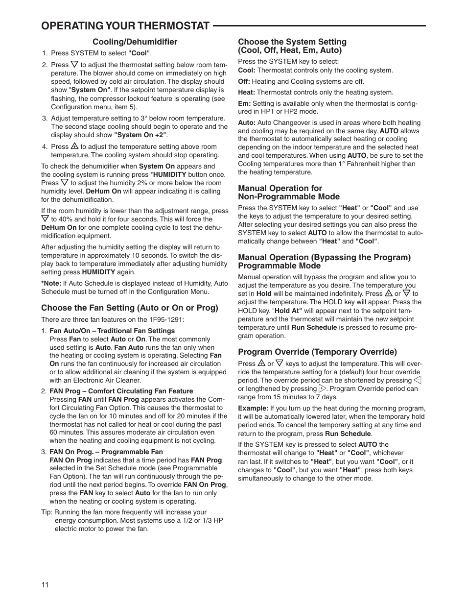 Operating your thermostat | White Rodgers 1F95-1291 User Manual | Page 11 / 16