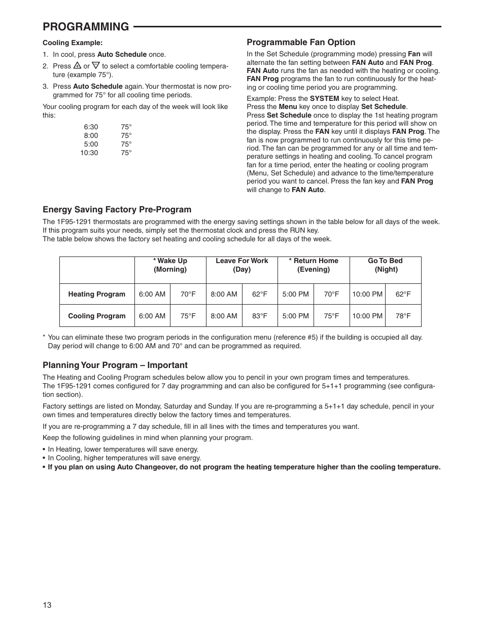 Programming | White Rodgers 1F95-1291 User Manual | Page 13 / 16
