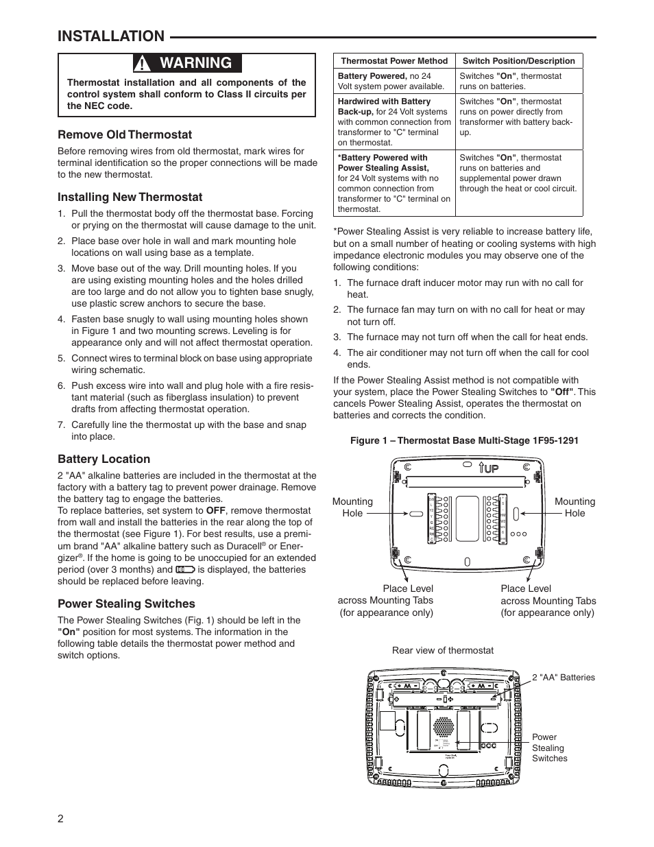 Warning, Installation, Remove old thermostat | Installing new thermostat, Battery location, Power stealing switches | White Rodgers 1F95-1291 User Manual | Page 2 / 16