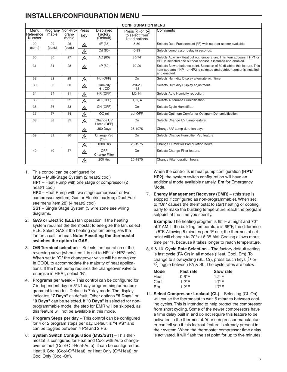 Installer/configuration menu | White Rodgers 1F95-1291 User Manual | Page 7 / 16