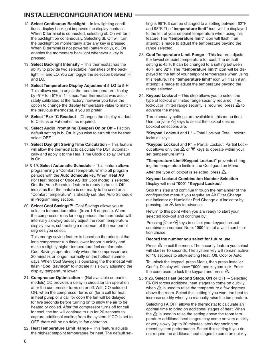 Installer/configuration menu | White Rodgers 1F95-1291 User Manual | Page 8 / 16