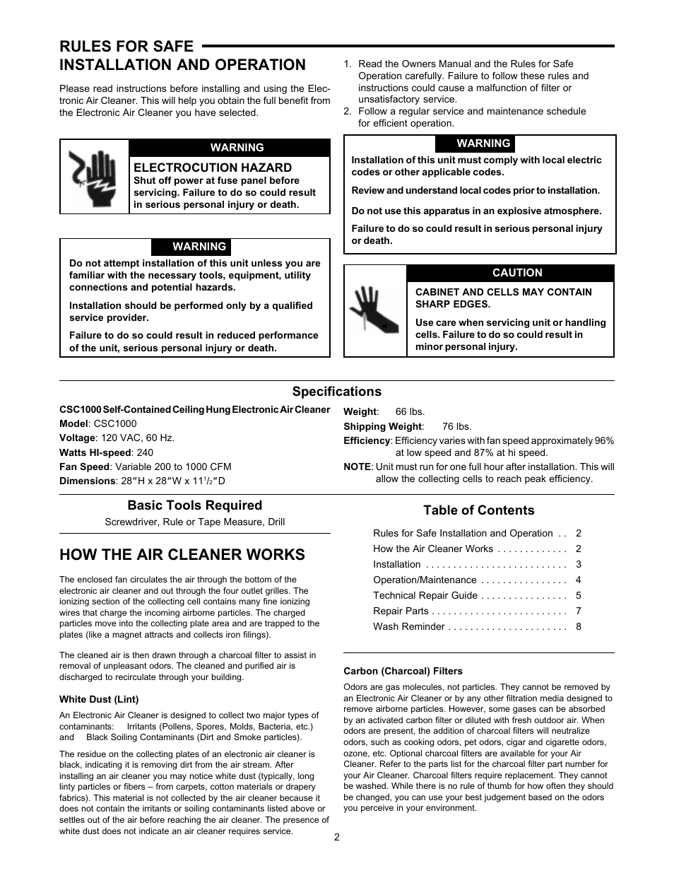 Rules for safe installation and operation, How the air cleaner works | White Rodgers CSC1000 User Manual | Page 2 / 8