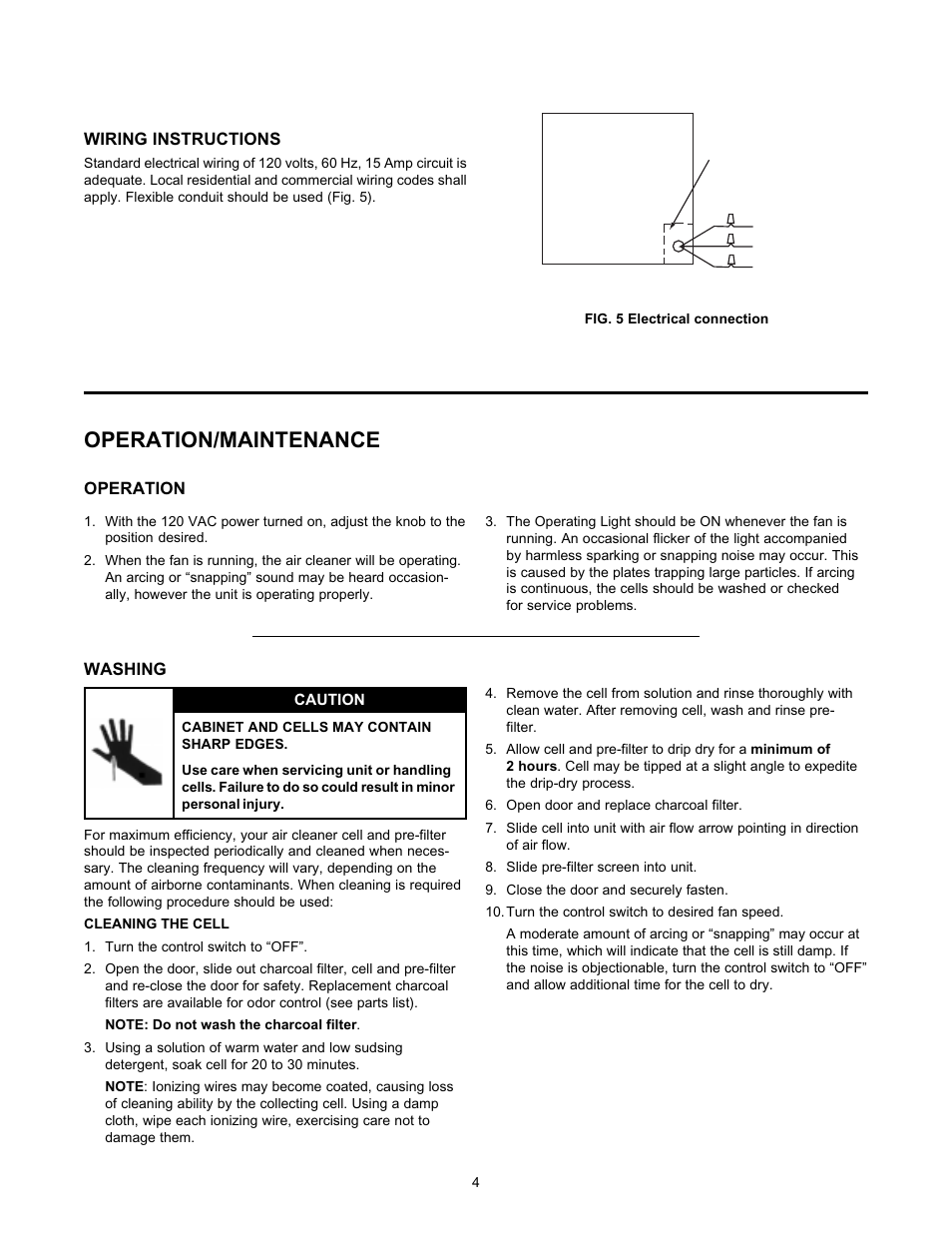 Operation/maintenance, Wiring instructions, Operation washing | White Rodgers CSC1000 User Manual | Page 4 / 8