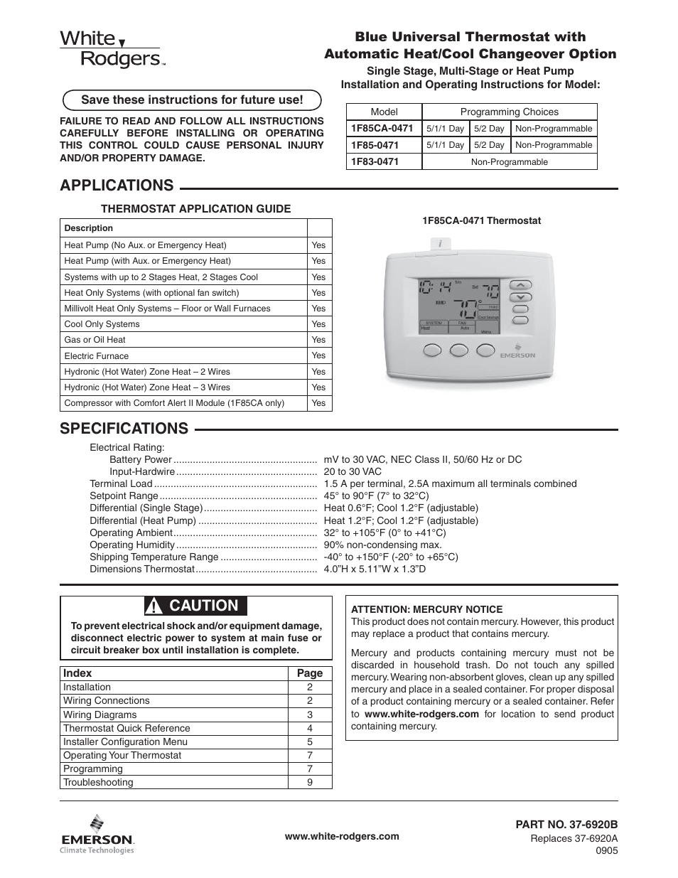 White Rodgers 1F85CA-0471 User Manual | 12 pages