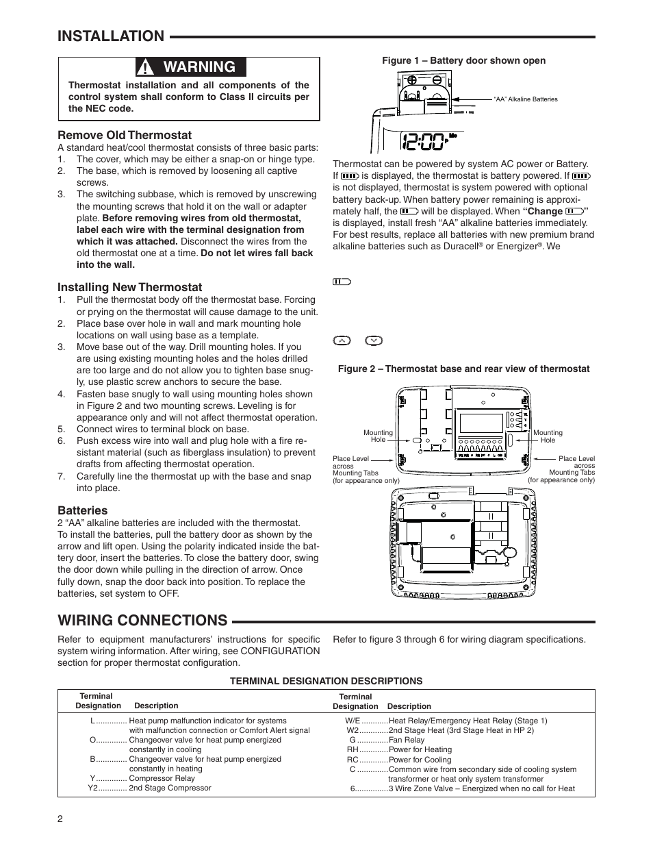 Installation, Warning, Wiring connections | Remove old thermostat, Installing new thermostat, Batteries | White Rodgers 1F85CA-0471 User Manual | Page 2 / 12