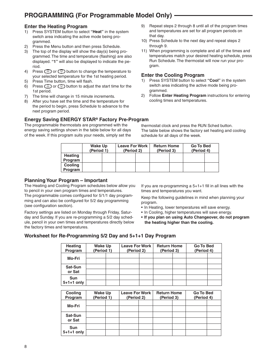 Programming (for programmable model only) | White Rodgers 1F85CA-0471 User Manual | Page 8 / 12