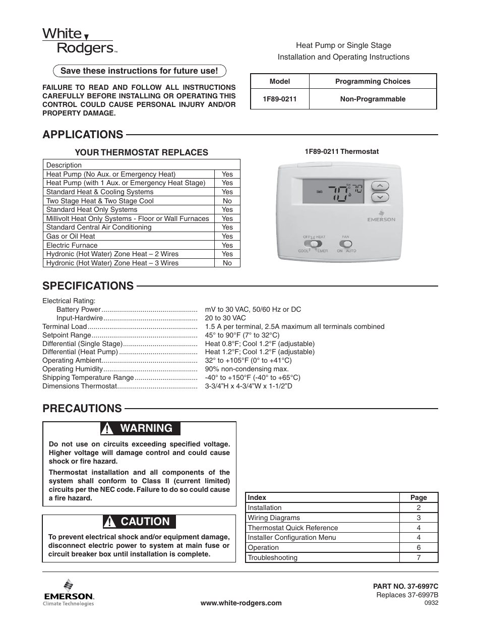 White Rodgers BLUE 2 1F89-0211 User Manual | 16 pages