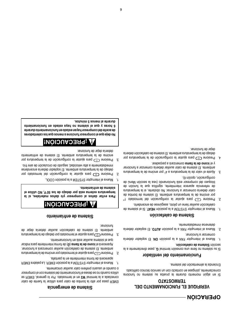 Precaución, Operación, Sistema de emergencia | Sistema de enfriamiento, Verifique el funcionamient o del termostat o, Funcionamiento del ventilador, Sistema de calefacción | White Rodgers BLUE 2 1F89-0211 User Manual | Page 11 / 16