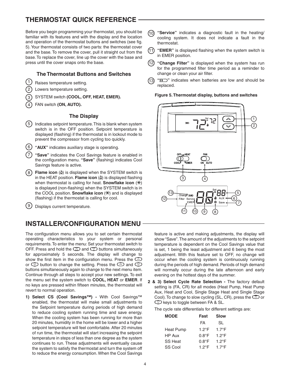 Thermostat quick reference, Installer/configuration menu | White Rodgers BLUE 2 1F89-0211 User Manual | Page 4 / 16