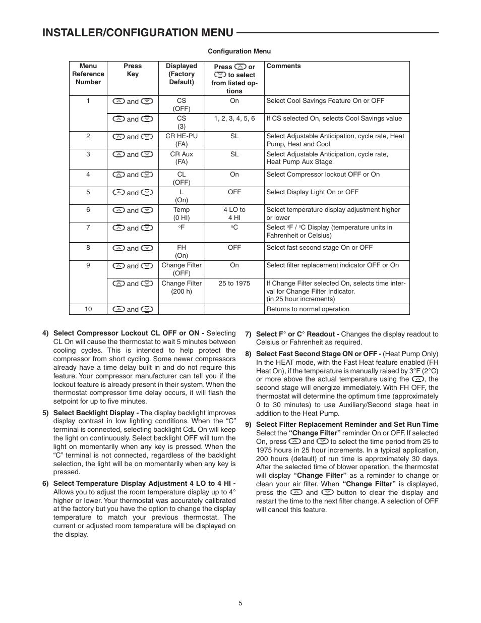 Installer/configuration menu | White Rodgers BLUE 2 1F89-0211 User Manual | Page 5 / 16