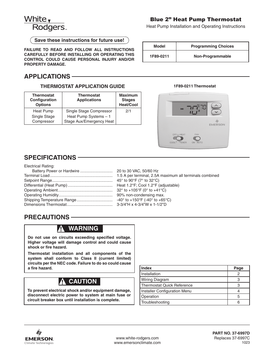 White Rodgers 1F89-0211 User Manual | 16 pages