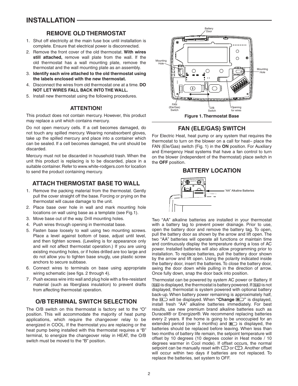 Installation, Remove old thermostat, Attach thermostat base to wall | O/b terminal switch selection, Fan (ele/gas) switch, Battery location, Attention | White Rodgers 1F89-0211 User Manual | Page 2 / 16
