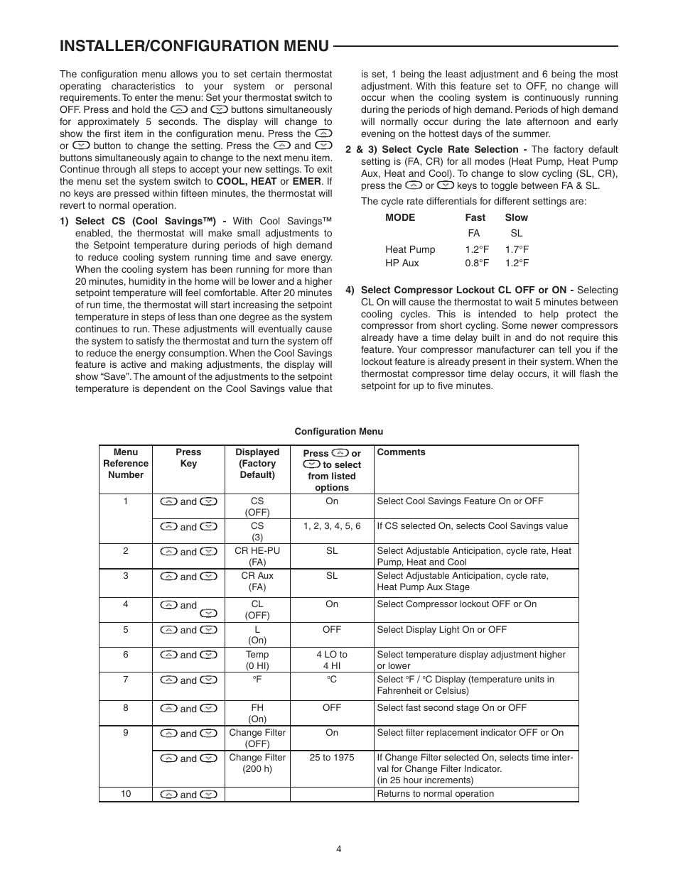 Installer/configuration menu | White Rodgers 1F89-0211 User Manual | Page 4 / 16