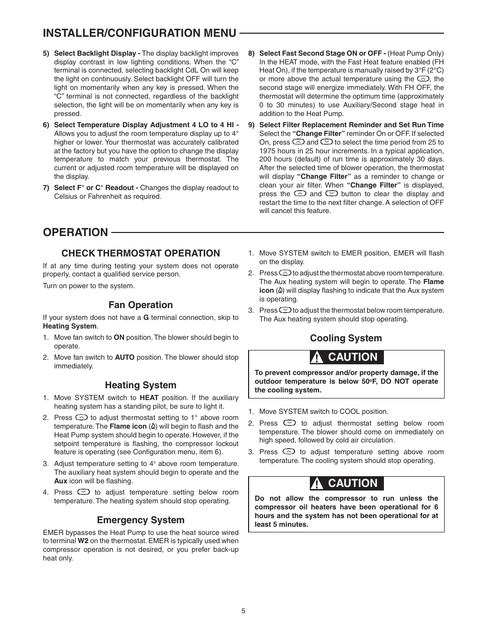 Installer/configuration menu operation, Caution | White Rodgers 1F89-0211 User Manual | Page 5 / 16