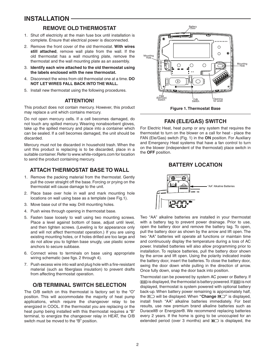 Installation, Remove old thermostat, Attach thermostat base to wall | O/b terminal switch selection, Fan (ele/gas) switch, Battery location, Attention | White Rodgers 1F82-0261 User Manual | Page 2 / 12