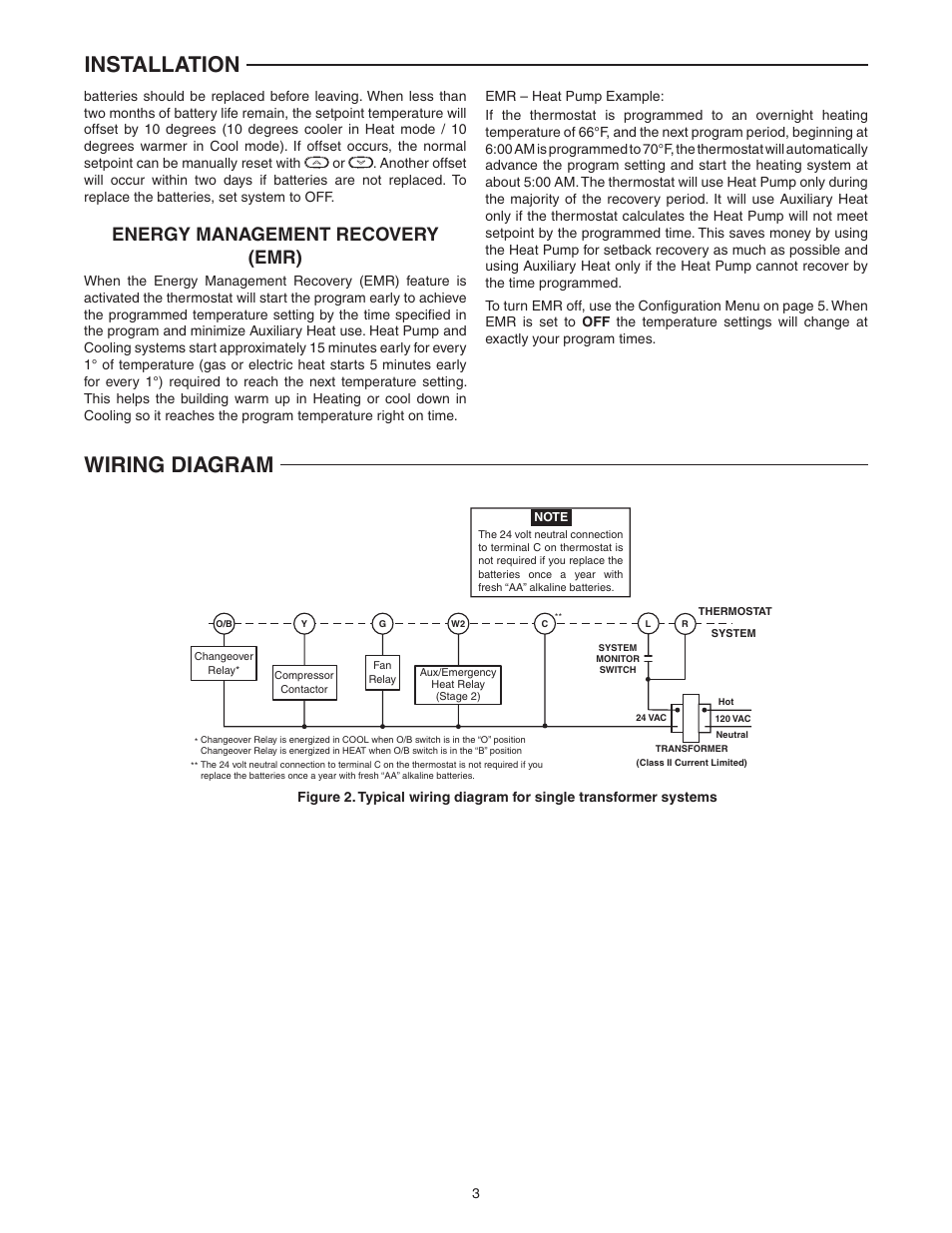 Installation, Wiring diagram, Energy management recovery (emr) | White Rodgers 1F82-0261 User Manual | Page 3 / 12