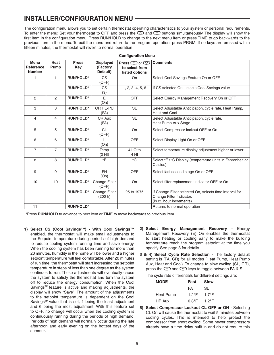 Installer/configuration menu | White Rodgers 1F82-0261 User Manual | Page 5 / 12
