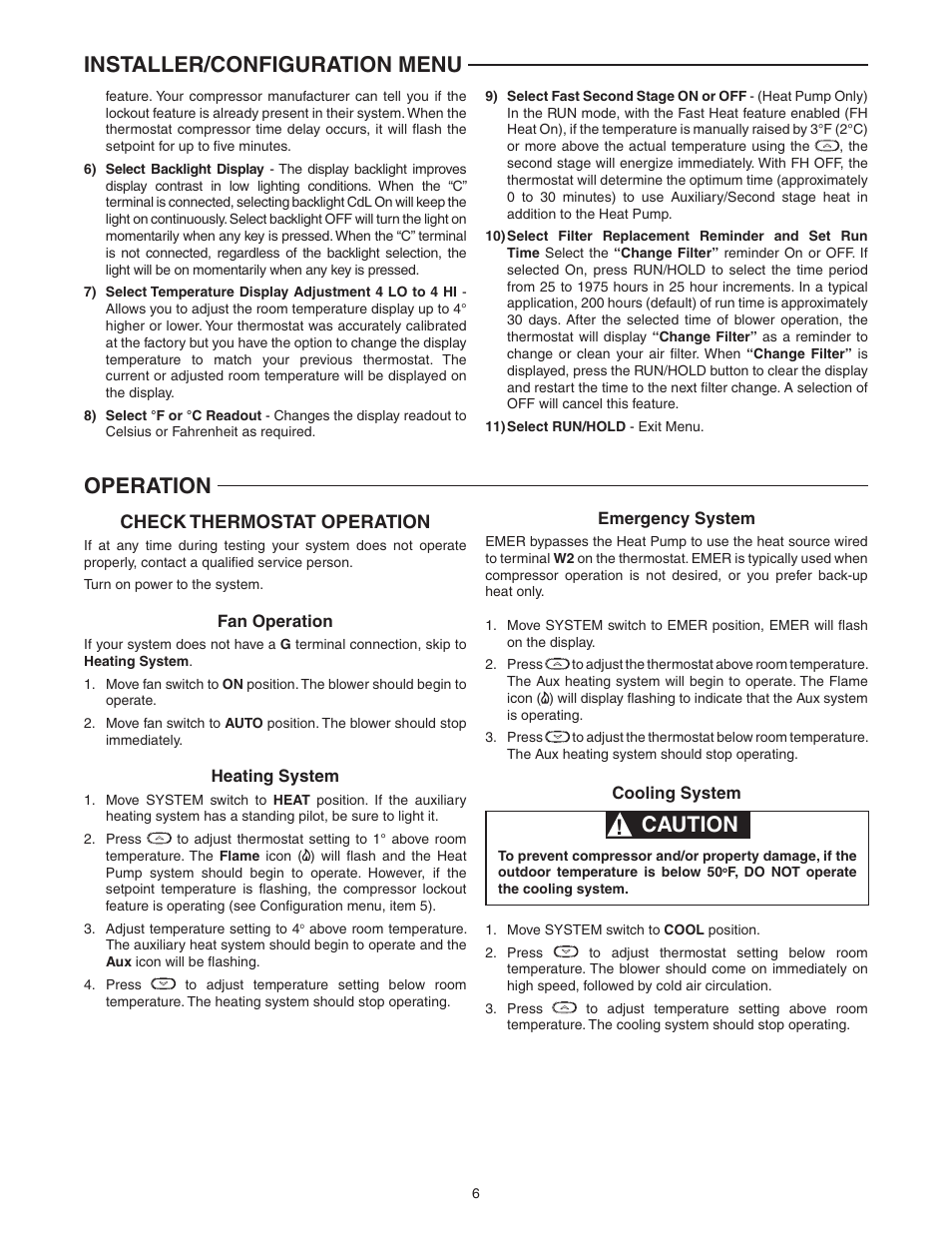 Installer/configuration menu, Caution ! operation, Check thermostat operation | White Rodgers 1F82-0261 User Manual | Page 6 / 12