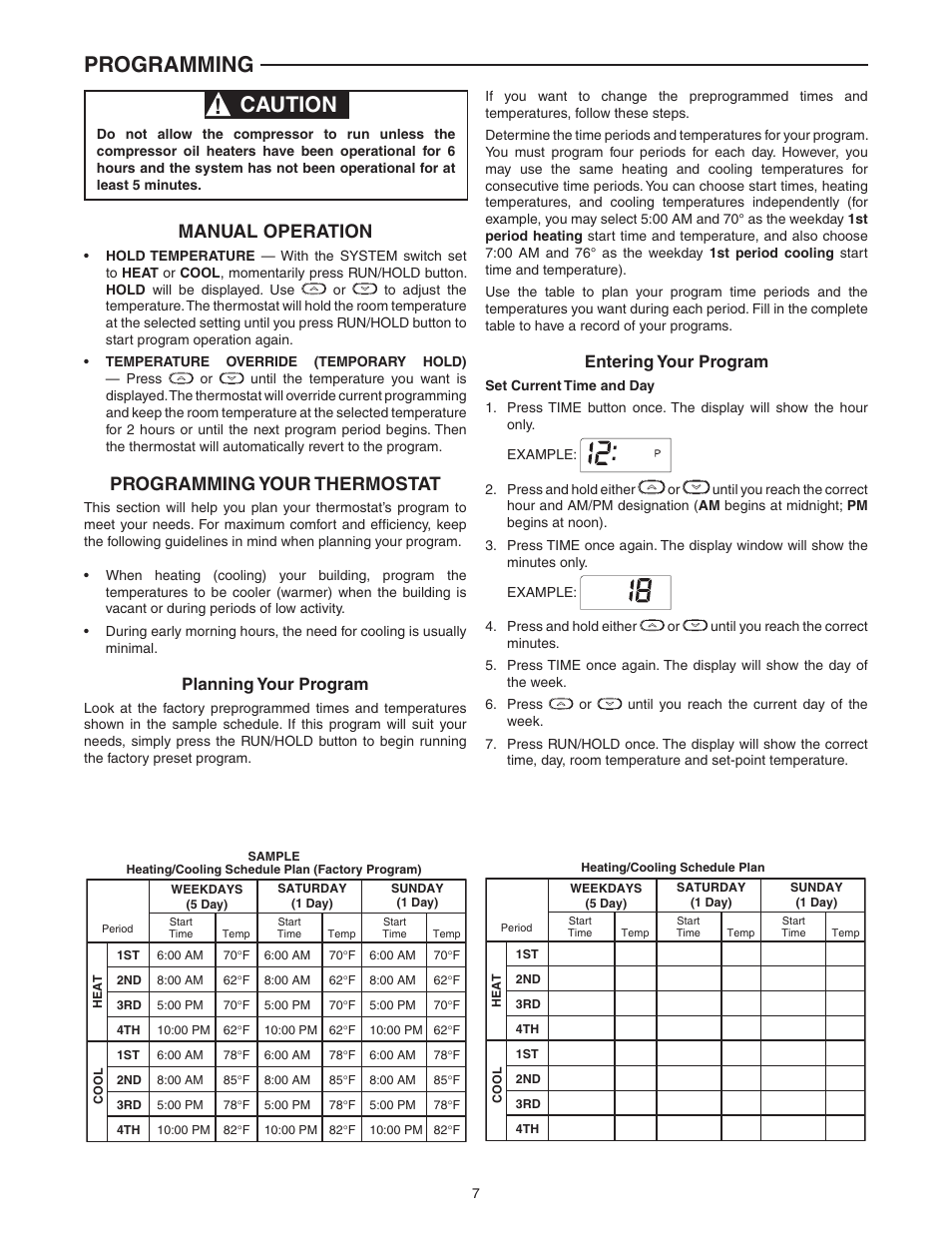 Caution, Programming, Manual operation | Programming your thermostat, Planning your program, Entering your program | White Rodgers 1F82-0261 User Manual | Page 7 / 12