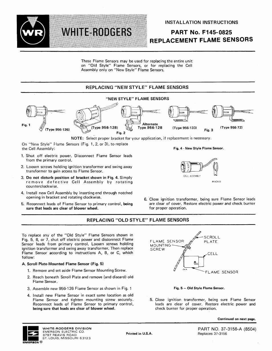White Rodgers F145-0825 User Manual | 2 pages