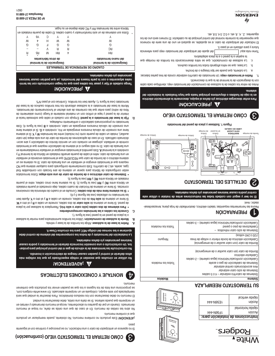 Su termost ato reemplaza, Detalles del termost ato preparación, Montaje y conexiones eléctricas | P re ca uc ió n, Advertencia, Precaución, Ins tru cci one s de i nst ala ció n par a | White Rodgers 1E56N-444 User Manual | Page 8 / 8