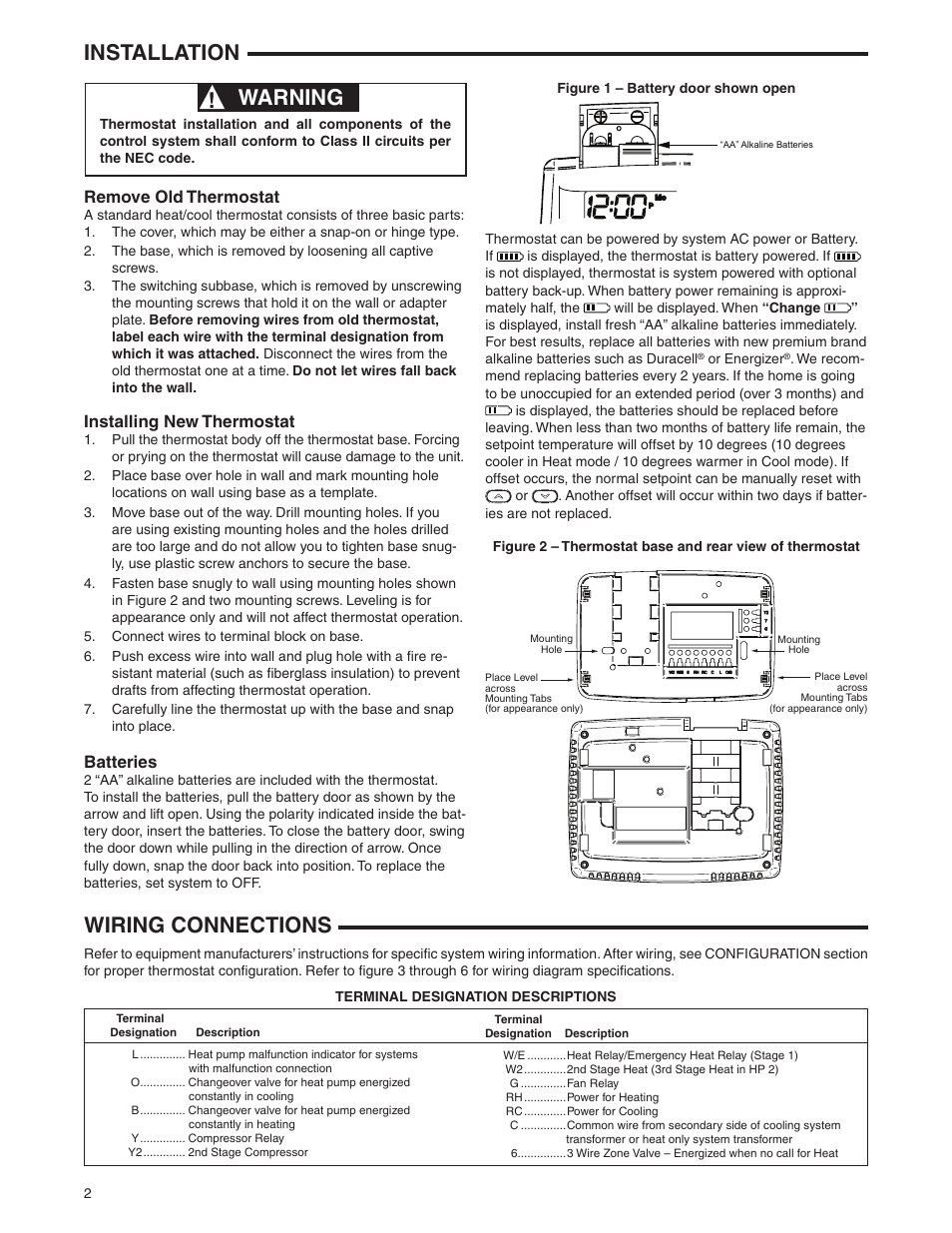 Installation, Warning, Wiring connections | Remove old thermostat, Installing new thermostat, Batteries | White Rodgers 1F85-0477 User Manual | Page 2 / 12