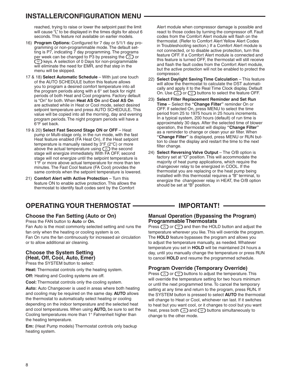 Installer/configuration menu, Operating your thermostat, Important | White Rodgers 1F85-0477 User Manual | Page 8 / 12