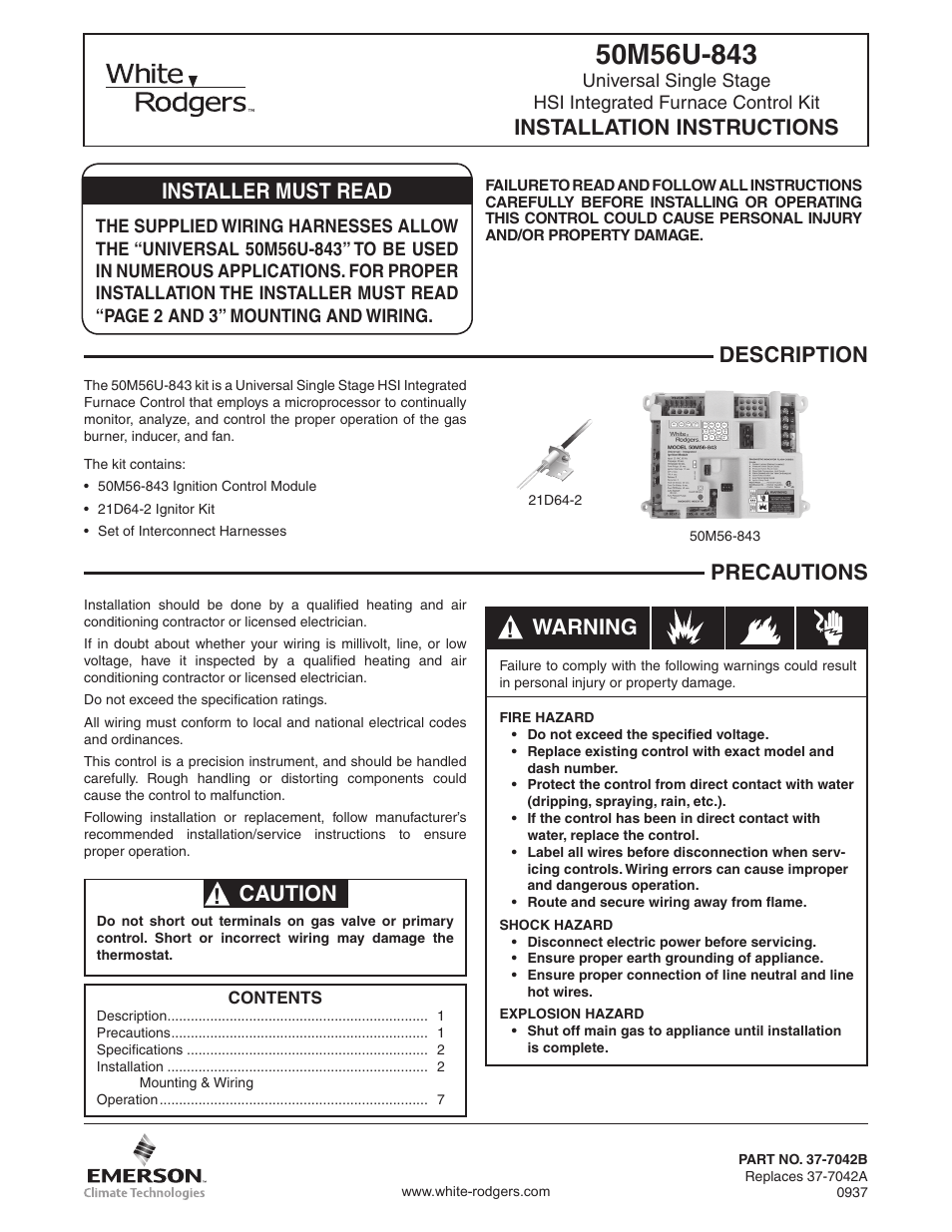 White Rodgers 50M56U-843 User Manual | 8 pages