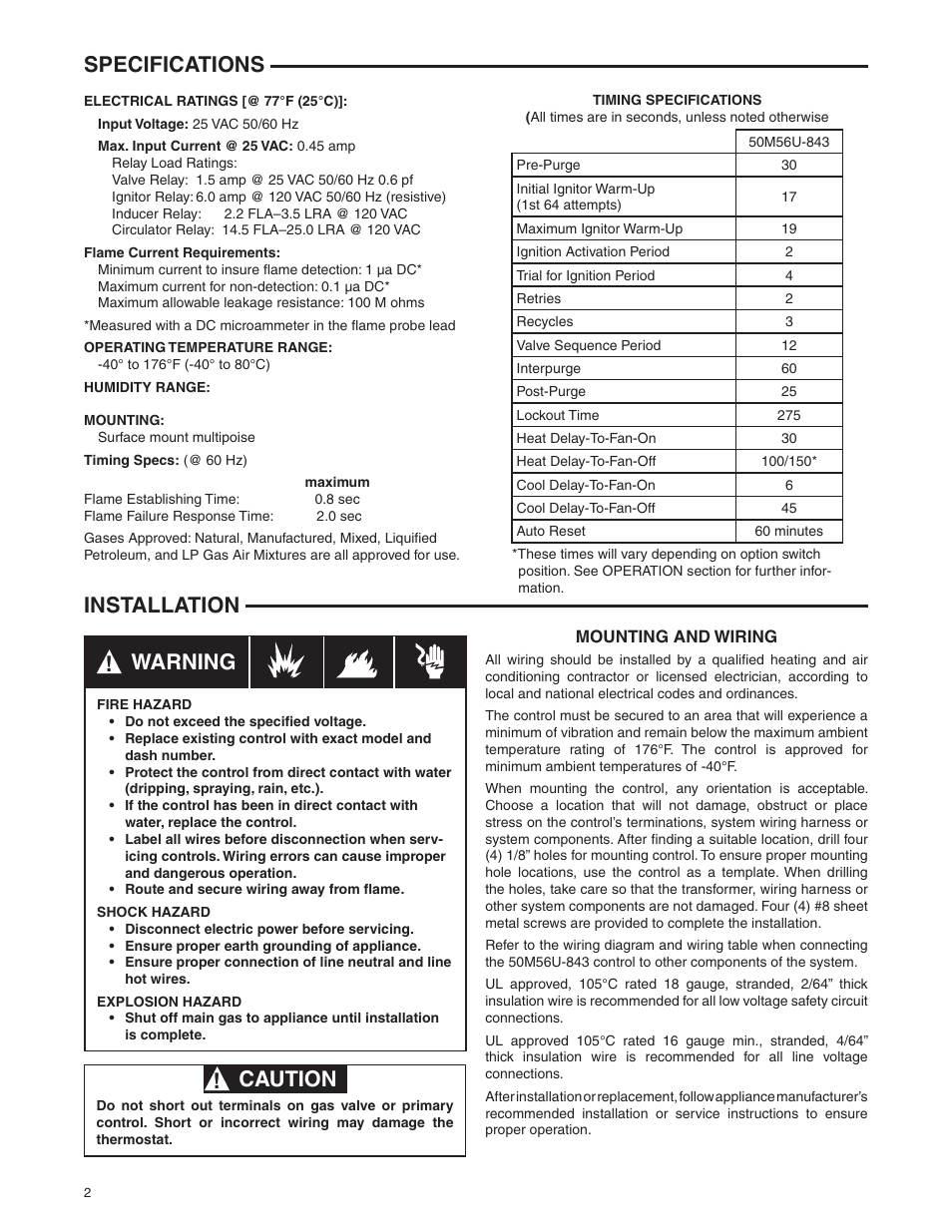 Specifications, Caution ! warning, Installation | White Rodgers 50M56U-843 User Manual | Page 2 / 8