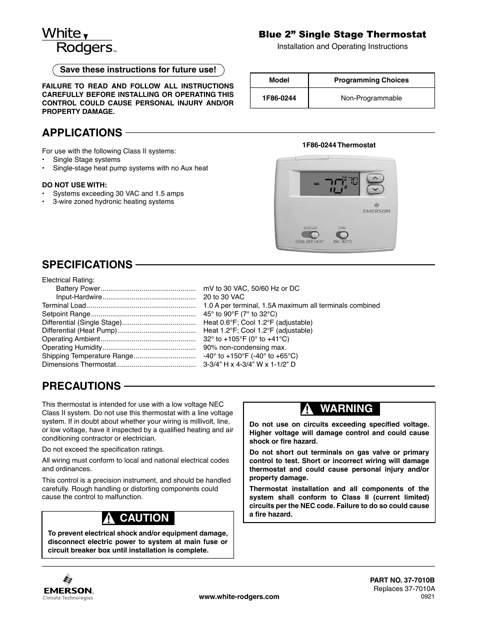 White Rodgers BLUE 2" SINGLE STAGE 1F86-0244 User Manual | 16 pages