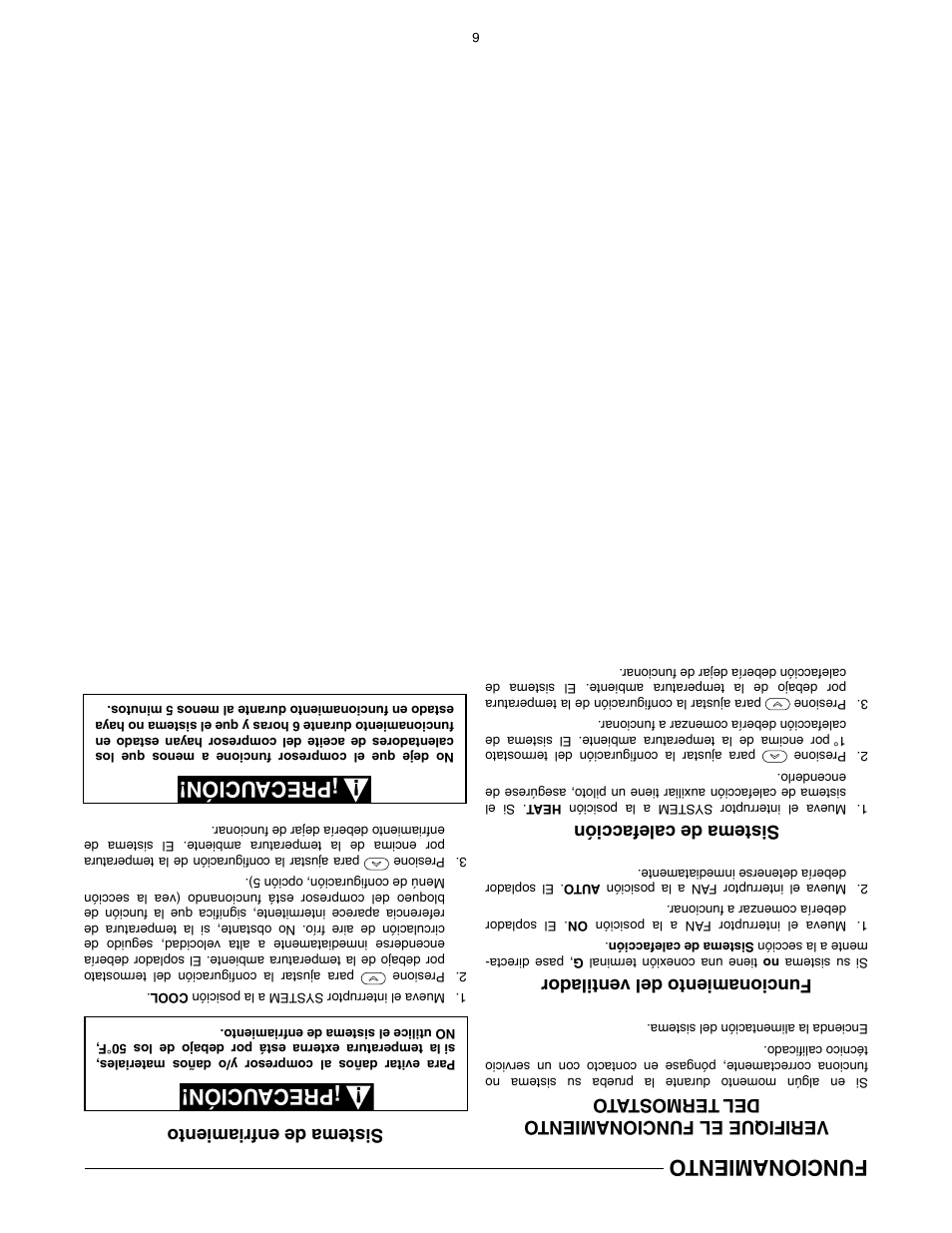 Funcionamiento, Precaución, Verifique el funcionamient o del termost ato | Funcionamiento del ventilador, Sistema de calefacción, Sistema de enfriamiento | White Rodgers BLUE 2" SINGLE STAGE 1F86-0244 User Manual | Page 11 / 16