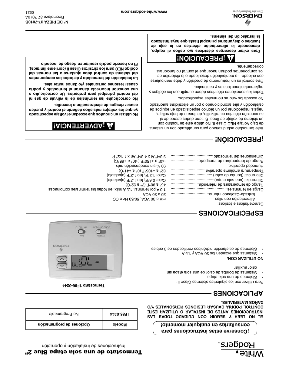 Aplicaciones, Especificaciones, Precaución | Adver tencia, Ter mostato de una sola eta pa blue 2 | White Rodgers BLUE 2" SINGLE STAGE 1F86-0244 User Manual | Page 16 / 16