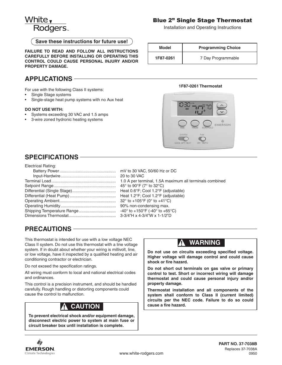 White Rodgers 1F87-0261 User Manual | 12 pages