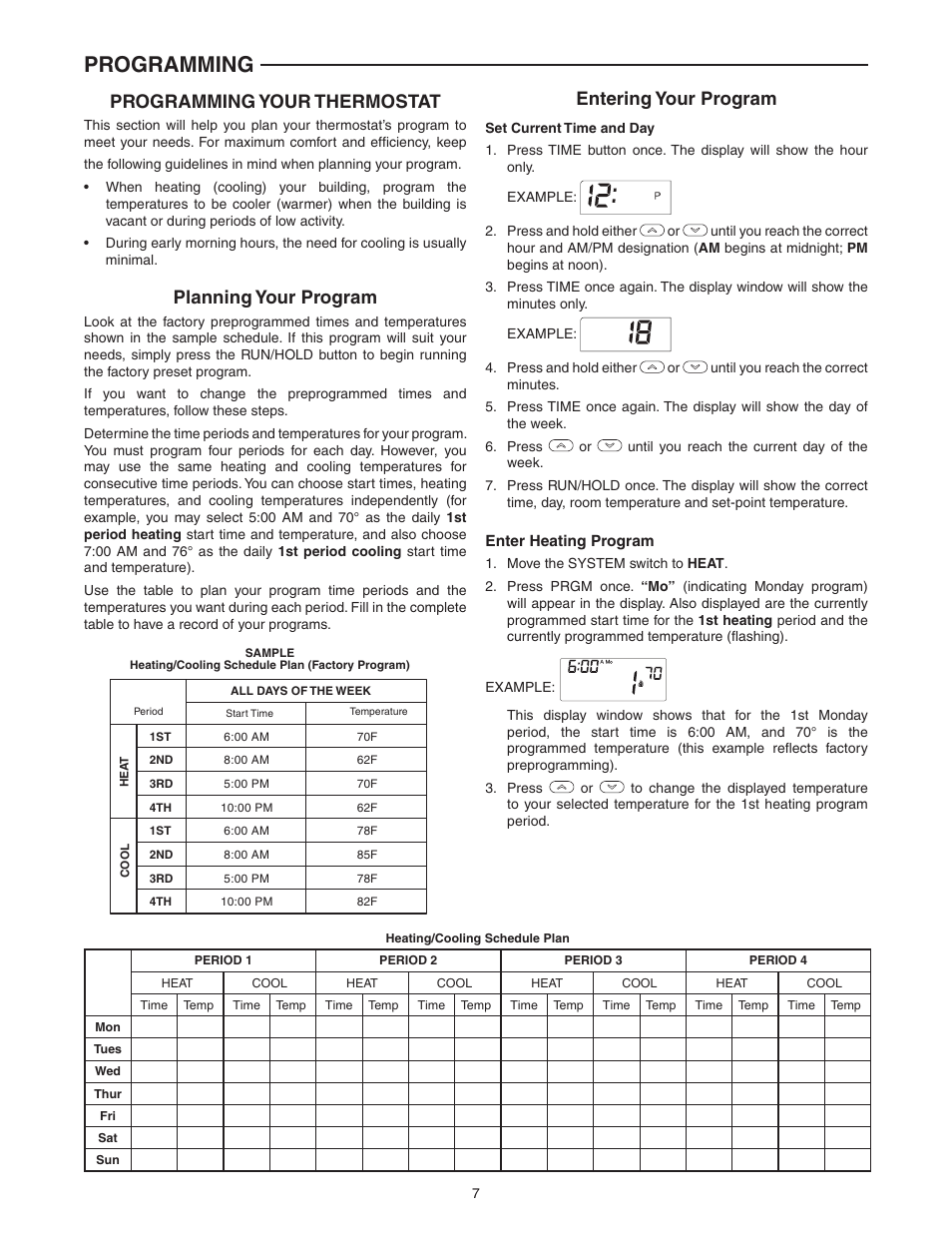 Programming, Programming your thermostat, Planning your program | Entering your program | White Rodgers 1F87-0261 User Manual | Page 7 / 12