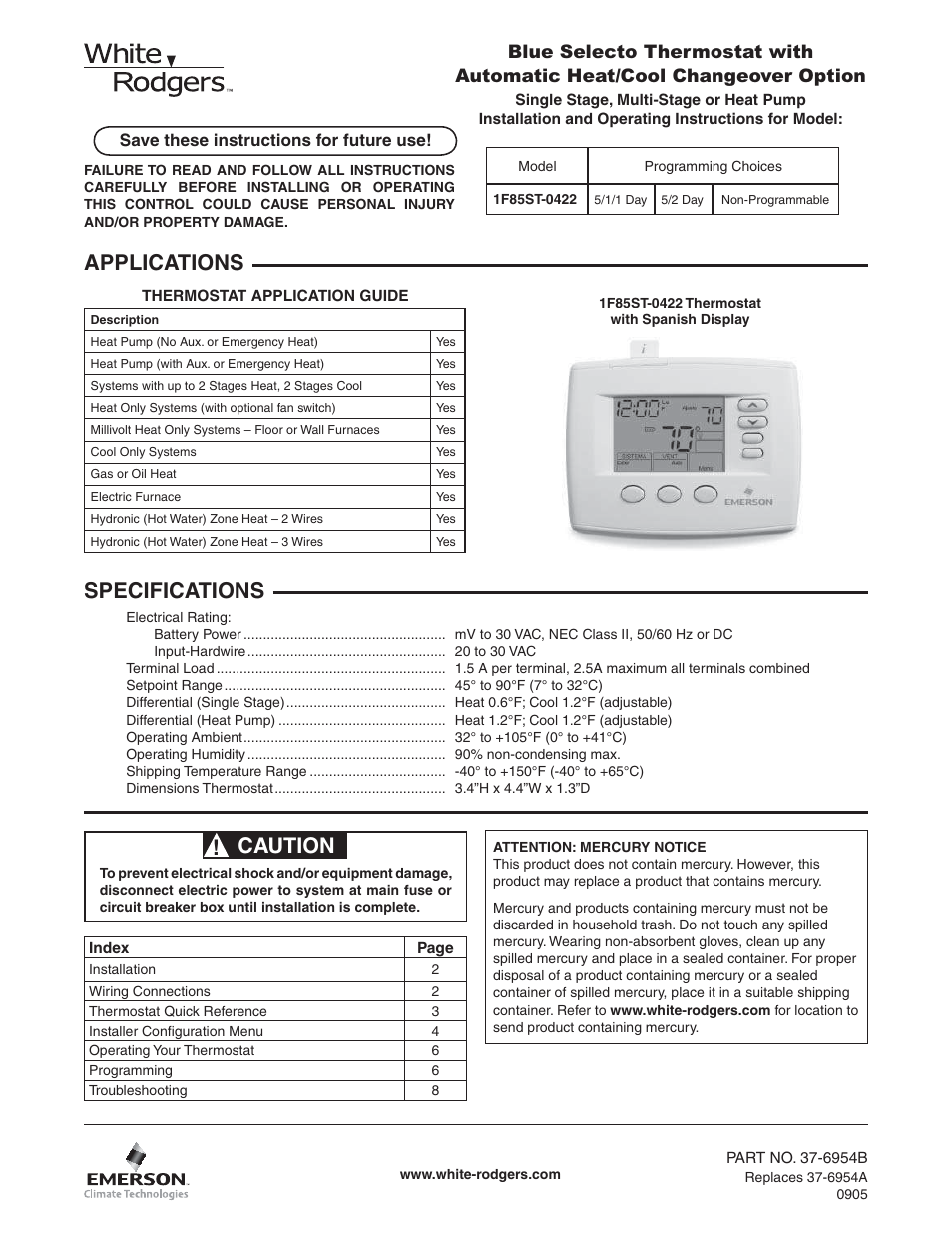 White Rodgers 1F85ST-0422 User Manual | 8 pages
