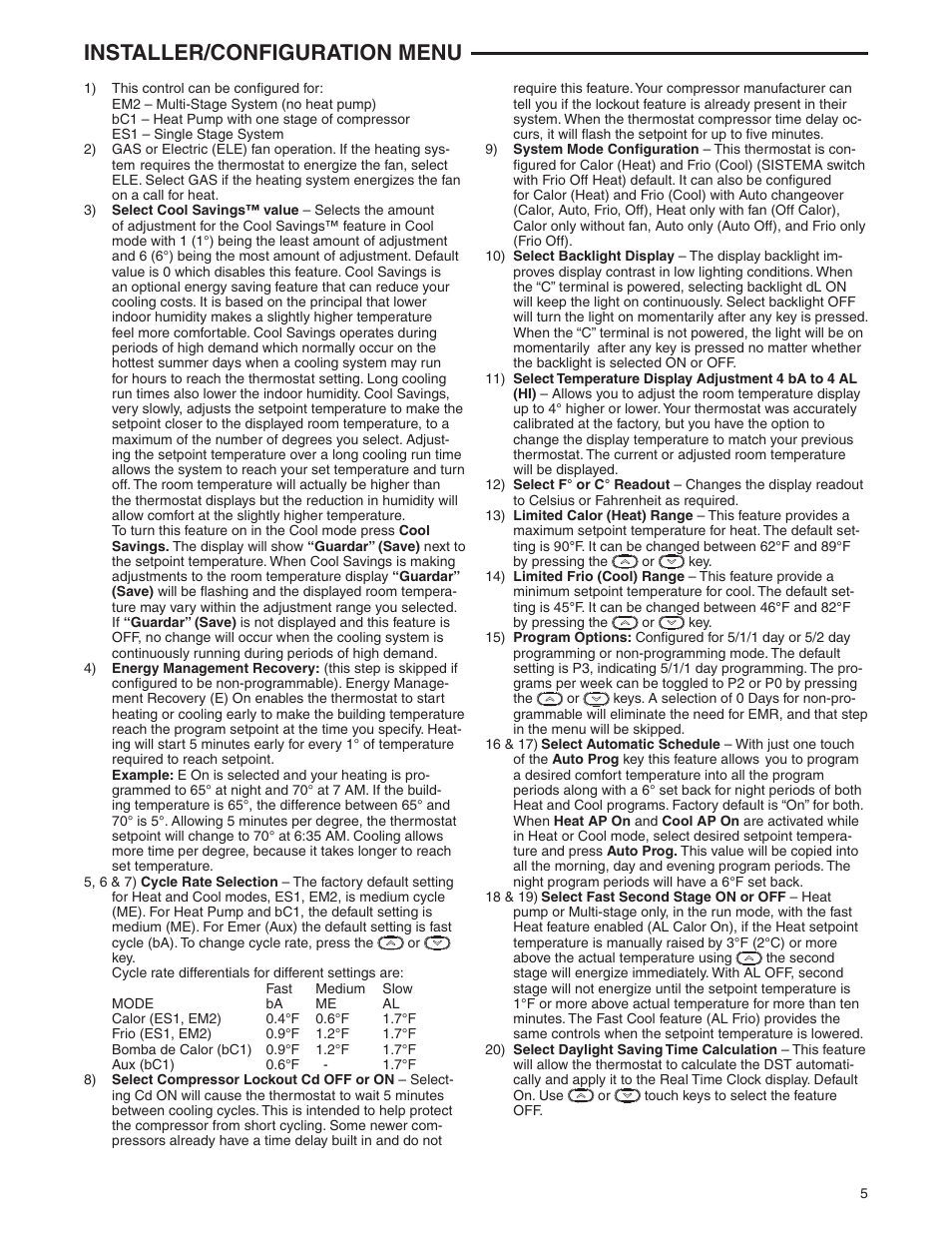 Installer/configuration menu | White Rodgers 1F85ST-0422 User Manual | Page 5 / 8