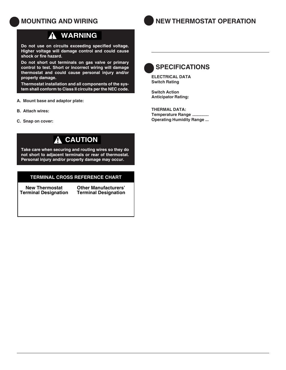 Caution, Warning, Mounting and wiring new thermostat operation | Specifications | White Rodgers 1C21 User Manual | Page 2 / 4