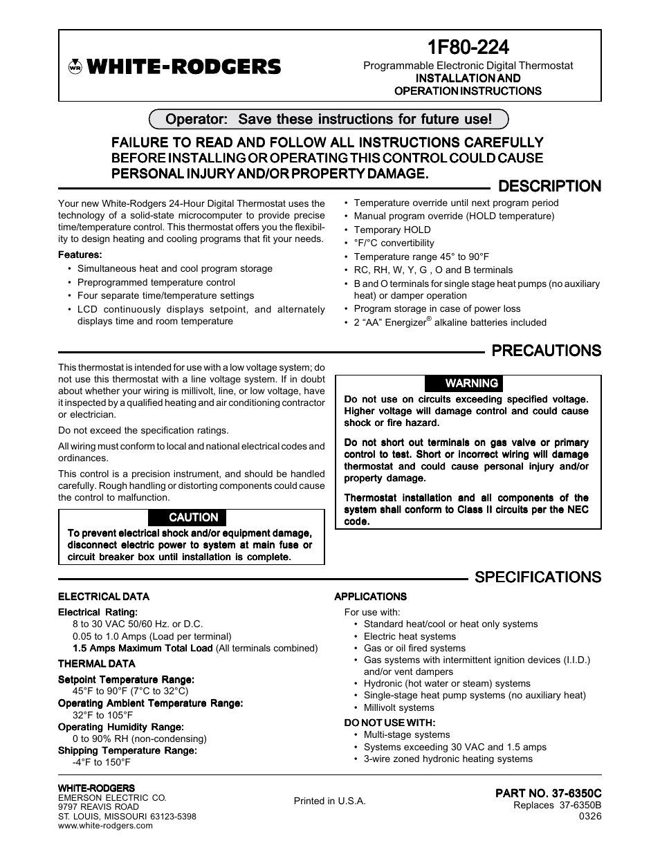 White Rodgers 1F80-224 User Manual | 8 pages