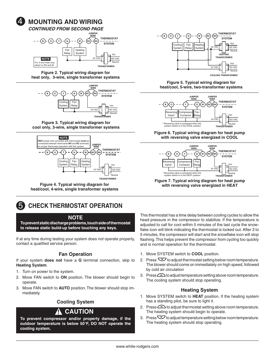 Check thermostat operation, Mounting and wiring, Caution | Fan operation, Cooling system, Heating system, Continued from second page | White Rodgers Thermostat 1F78 User Manual | Page 3 / 8