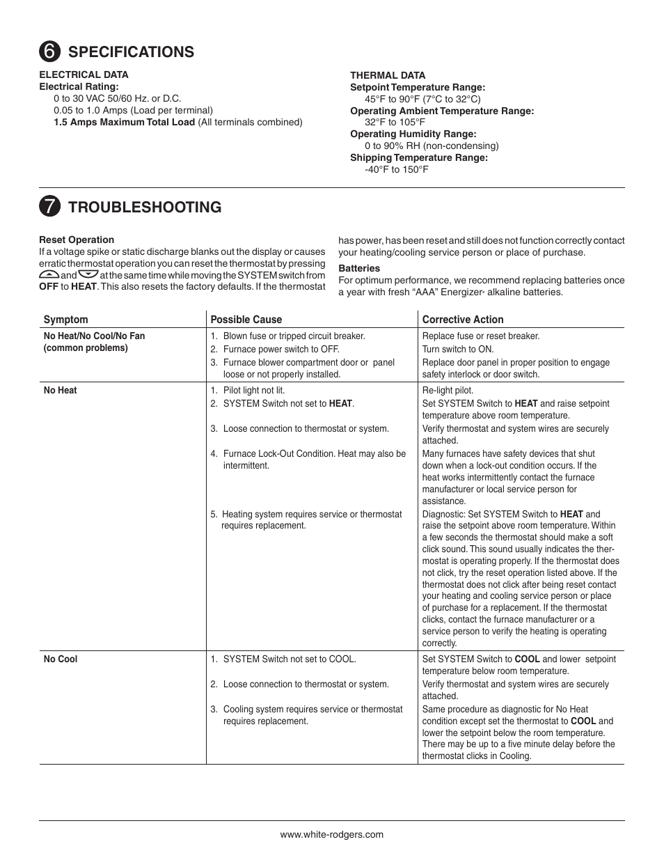 Specifications, Troubleshooting | White Rodgers Thermostat 1F78 User Manual | Page 5 / 8