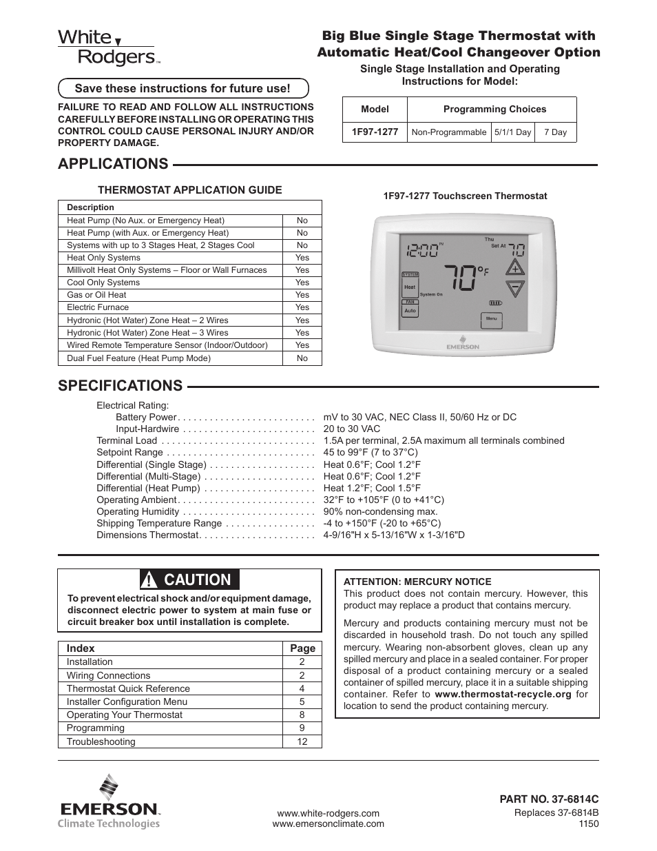 White Rodgers 1F97-1277 User Manual | 12 pages