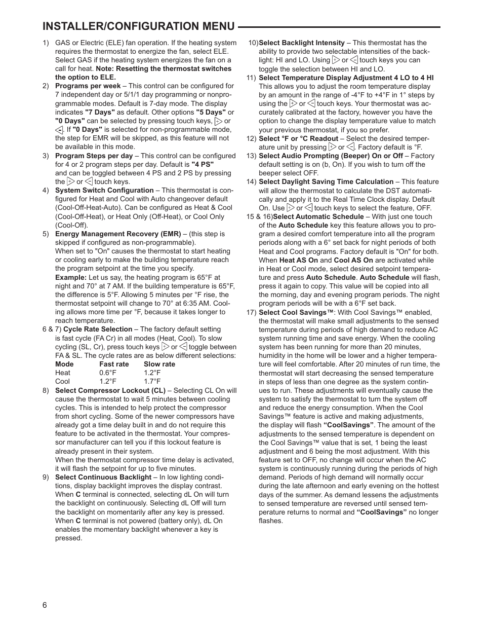 Installer/configuration menu | White Rodgers 1F97-1277 User Manual | Page 6 / 12