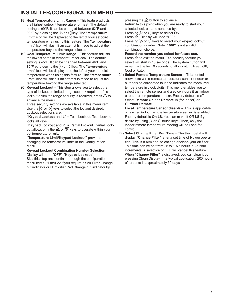 Installer/configuration menu | White Rodgers 1F97-1277 User Manual | Page 7 / 12