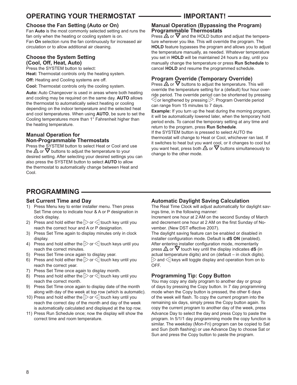 Operating your thermostat, Important! programming | White Rodgers 1F97-1277 User Manual | Page 8 / 12