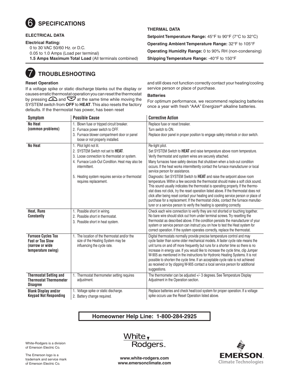 Specifications, Troubleshooting | White Rodgers EMERSON 1.00E+78 User Manual | Page 4 / 4
