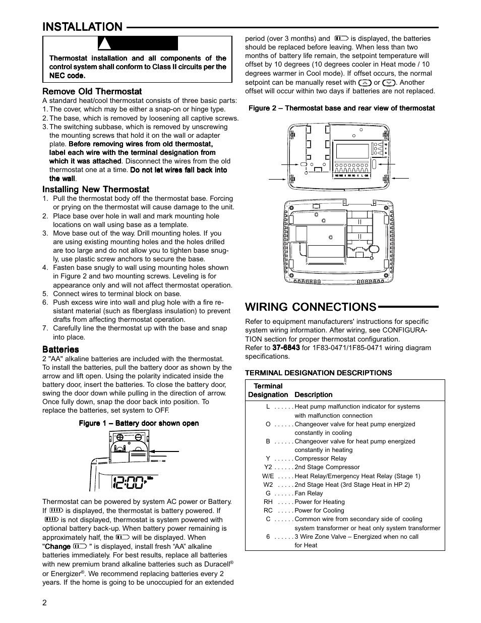 Wiring connections, Warning, Inst | White Rodgers 1F83-0471 User Manual | Page 2 / 8