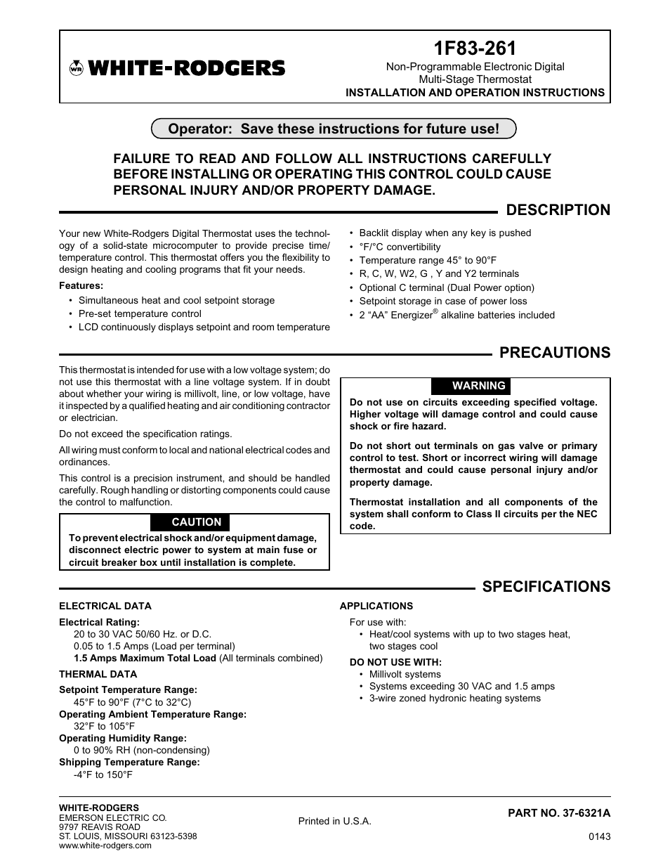 White Rodgers 1F83-261 User Manual | 6 pages