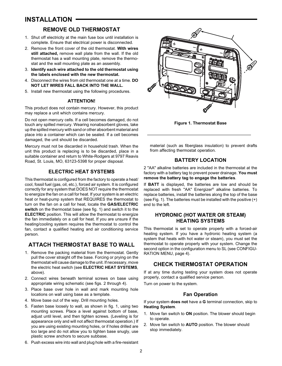 Installation, Remove old thermostat, Attach thermostat base to wall | Check thermostat operation | White Rodgers 1F83-261 User Manual | Page 2 / 6