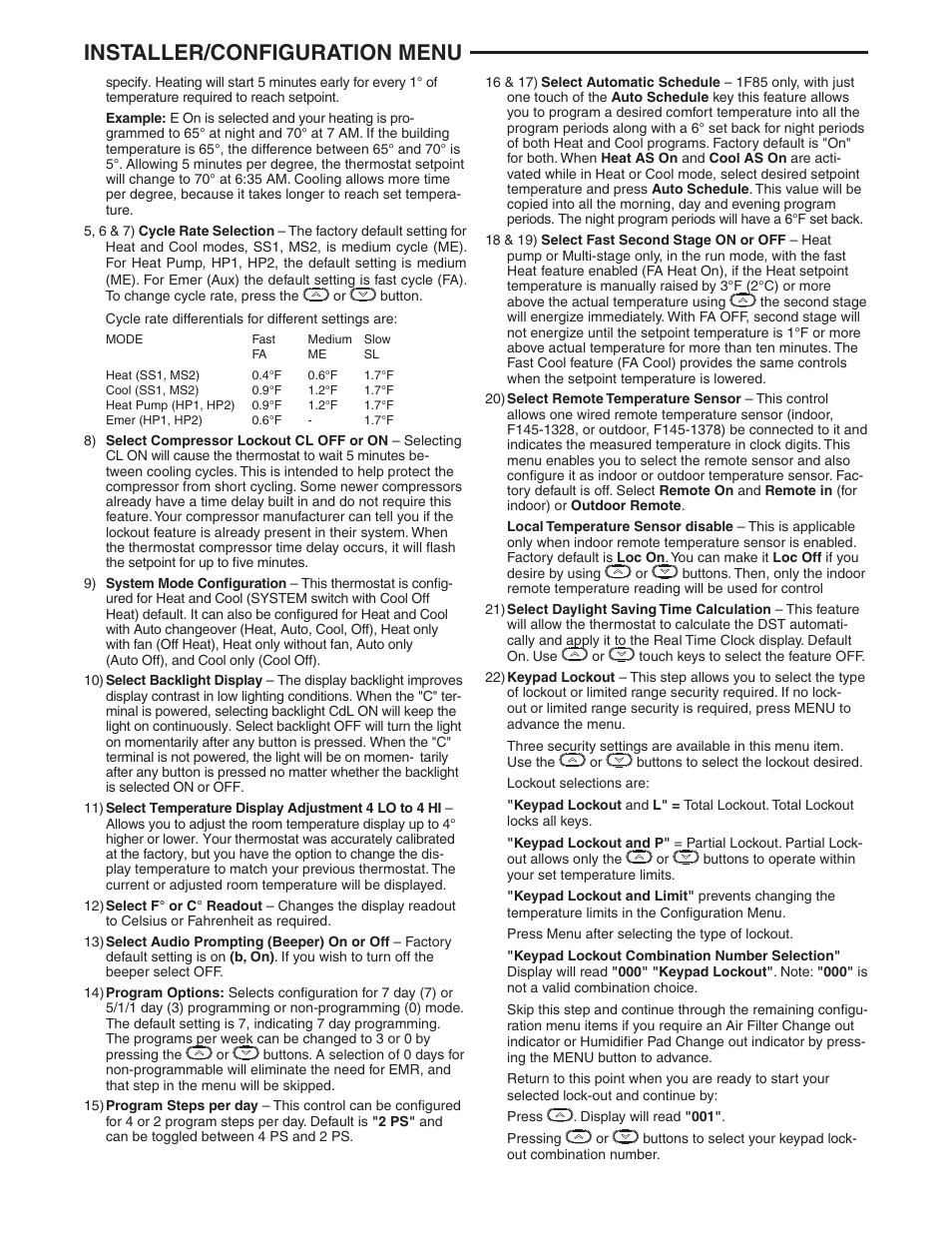 Installer/configuration menu | White Rodgers 1F95-0680 User Manual | Page 7 / 16