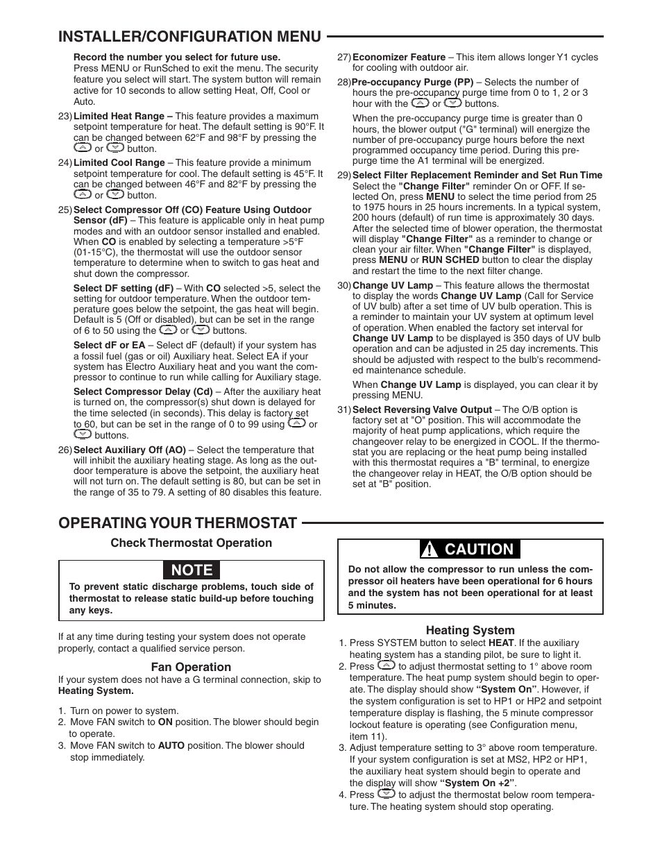 Installer/configuration menu, Operating your thermostat, Caution | White Rodgers 1F95-0680 User Manual | Page 8 / 16